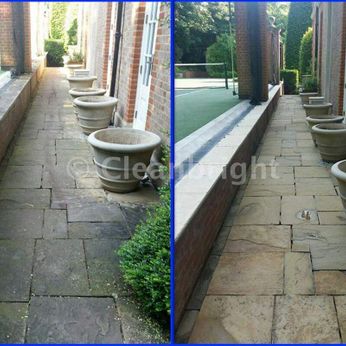 before and after stone wall and patio cleaning