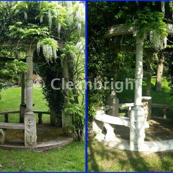 before and after cleaning of stone fountain